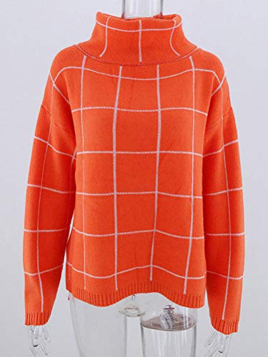 Minetom Mujer Otoño Invierno Jersey Pullover Suéter Punto Plaid Grande Texturizado con Cuello Alto Elegante Suéter Manga Larga Suelto Jumper Naranja 38