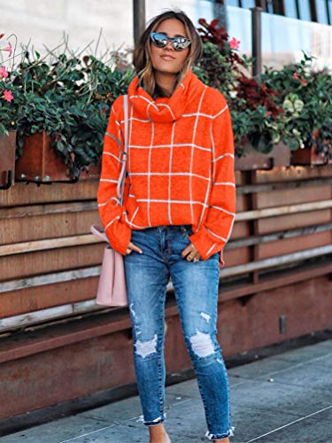 Minetom Mujer Otoño Invierno Jersey Pullover Suéter Punto Plaid Grande Texturizado con Cuello Alto Elegante Suéter Manga Larga Suelto Jumper Naranja 38