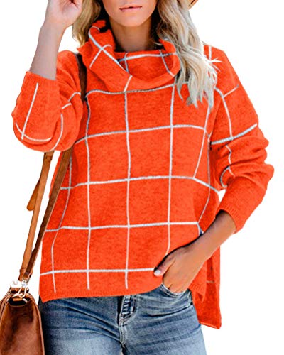 Minetom Mujer Otoño Invierno Jersey Pullover Suéter Punto Plaid Grande Texturizado con Cuello Alto Elegante Suéter Manga Larga Suelto Jumper Naranja 38