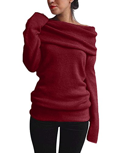 Minetom Mujer Otoño Invierno Moda Suéter Largo Off Shoulder Jersey Prendas de Punto de Cuello Barco Sweater Mangas Largas Camiseta Jumper Blous Z Vino Rojo ES 36