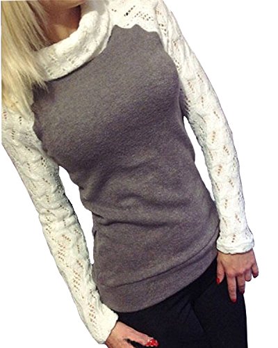 Minetom Mujer Otoño Primavera Manga Larga Camisas Turtleneck Blusa Hueco Suéter Tops Gris Es 34