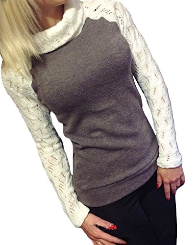 Minetom Mujer Otoño Primavera Manga Larga Camisas Turtleneck Blusa Hueco Suéter Tops Gris Es 34