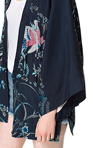 Minetom Mujer Primavera Otoño Elegante Manga Larga Quimono Kimono Casual Retro Phoenix Impresión Chaqueta Abrigo Corto Cárdigan Outerwear Azul ES 44
