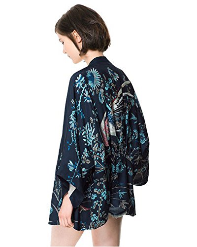 Minetom Mujer Primavera Otoño Elegante Manga Larga Quimono Kimono Casual Retro Phoenix Impresión Chaqueta Abrigo Corto Cárdigan Outerwear Azul ES 44