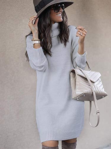 Minetom Mujeres de Punto Vestido Cuello Alto Manga Larga Mini Dress Color Sólido Otoño Invierno Suéter Largo Gris 44