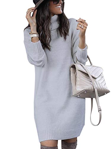 Minetom Mujeres de Punto Vestido Cuello Alto Manga Larga Mini Dress Color Sólido Otoño Invierno Suéter Largo Gris 44