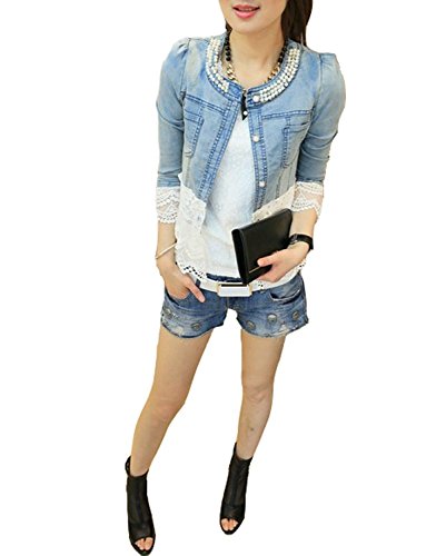 Minetom Mujeres Niñas Moda Denim Chaqueta Manga Larga Capa con Encaje Dobladillo Casual Ropa Azul 44