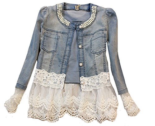 Minetom Mujeres Niñas Moda Denim Chaqueta Manga Larga Capa con Encaje Dobladillo Casual Ropa Azul 44