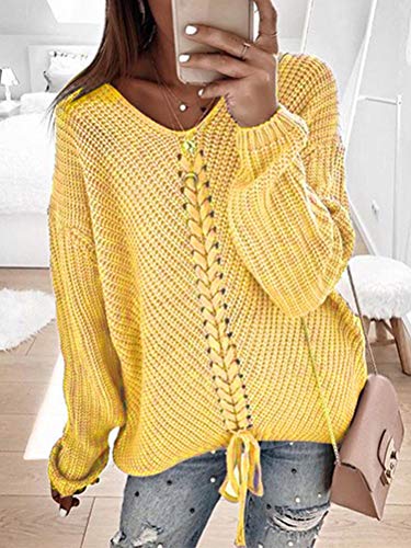 Minetom Suéteres Mujer Otoño Invierno Jersey de Punto Cuello en V Color Sólido Manga Larga Suéter Camisetas Blusa Top Amarillo 46