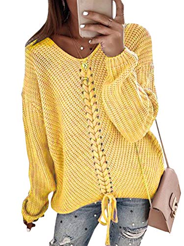 Minetom Suéteres Mujer Otoño Invierno Jersey de Punto Cuello en V Color Sólido Manga Larga Suéter Camisetas Blusa Top Amarillo 46