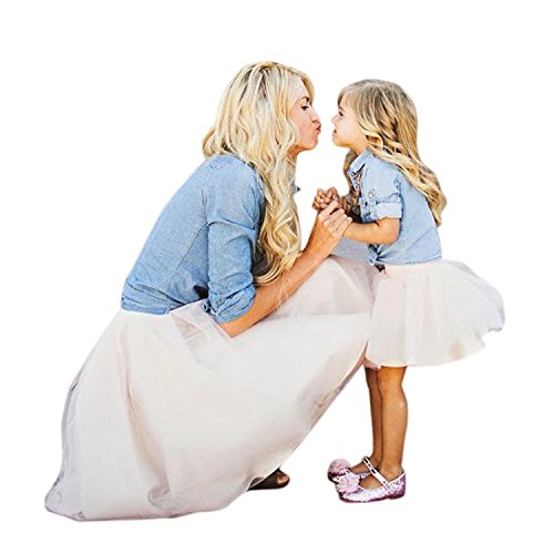 Minetom Verano Madre e Hija Casual Mini Camisa Tops + Vestido Falda Ropa De Familia Fiesta Partido de Tarde Azul-Blanco ES 36 (Mamá)