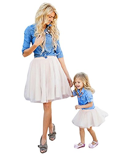 Minetom Verano Madre e Hija Casual Mini Camisa Tops + Vestido Falda Ropa De Familia Fiesta Partido de Tarde Azul-Blanco ES 36 (Mamá)