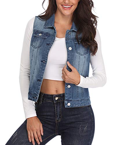 MISS MOLY Chaleco de Mezclilla para Mujer Chaqueta Jean Azul con Solapa Bolsillos en el Pecho Elegante Collar de Vuelta Moda - L