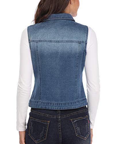 MISS MOLY Chaleco de Mezclilla para Mujer Chaqueta Jean Azul con Solapa Bolsillos en el Pecho Elegante Collar de Vuelta Moda - L