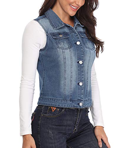 MISS MOLY Chaleco de Mezclilla para Mujer Chaqueta Jean Azul con Solapa Bolsillos en el Pecho Elegante Collar de Vuelta Moda - L MISS MOLY Chaleco de Mezclilla para Mujer Chaqueta Jean Azul con Solapa Bolsillos en el Pecho Elegante Collar de Vuelta Moda - L