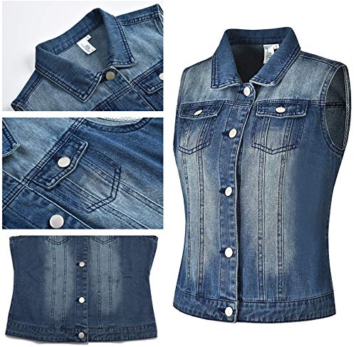 MISS MOLY Chaleco de Mezclilla para Mujer Chaqueta Jean Azul con Solapa Bolsillos en el Pecho Elegante Collar de Vuelta Moda - XL