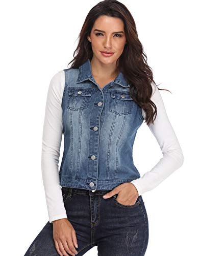 MISS MOLY Chaleco de Mezclilla para Mujer Chaqueta Jean Azul con Solapa Bolsillos en el Pecho Elegante Collar de Vuelta Moda - XL