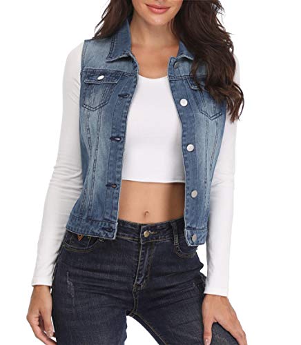 MISS MOLY Chaleco de Mezclilla para Mujer Chaqueta Jean Azul con Solapa Bolsillos en el Pecho Elegante Collar de Vuelta Moda - XL