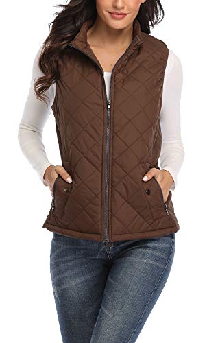 MISS MOLY Chaleco Mujer Acolchado con Bolsillos Ligero Cazadoras Chalecos con Cremallera Marrón Large