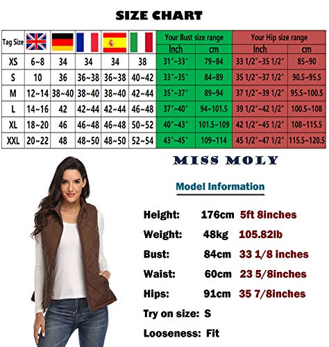 MISS MOLY Chaleco Mujer Acolchado con Bolsillos Ligero Cazadoras Chalecos con Cremallera Marrón Large