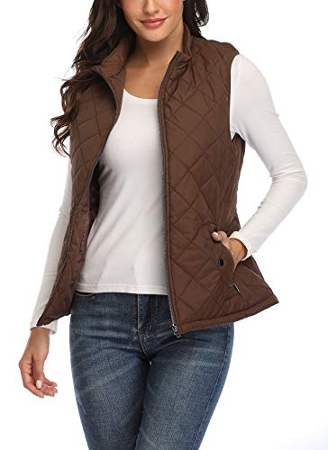 MISS MOLY Chaleco Mujer Acolchado con Bolsillos Ligero Cazadoras Chalecos con Cremallera Marrón Large