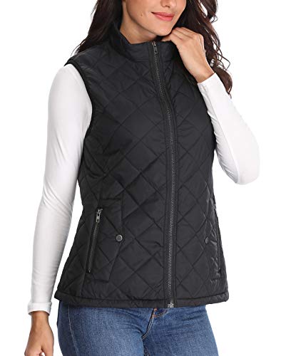 MISS MOLY Chaquetas para Mujer de Pelo Negro Puffer Chalecos Acolchados Cuello Botones Bolsillos Delanteros con Cremallera Lados - S