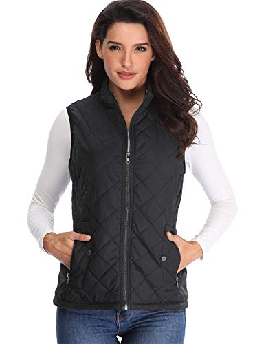 MISS MOLY Chaquetas para Mujer de Pelo Negro Puffer Chalecos Acolchados Cuello Botones Bolsillos Delanteros con Cremallera Lados - S