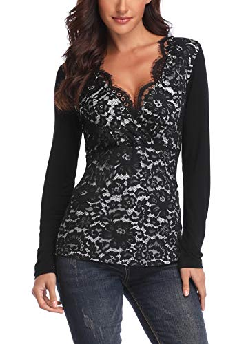 MISS MOLY Mujer Camisas Vieira v Cuello Blusa de Encaje Floral Negro Large