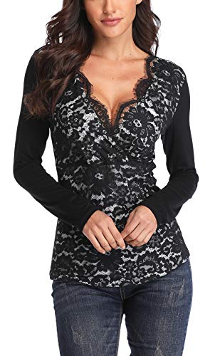 MISS MOLY Mujer Camisas Vieira v Cuello Blusa de Encaje Floral Negro Large