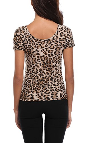 MISS MOLY Mujeres Tops Cuello V Profundo Manga Corta Camisetas Blusa T-Shirt Chic Estampado de Leopardo tee Slim Camisas - L