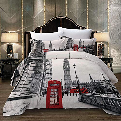 MIUNNG Moderno Paisaje de la Ciudad Ropa de Cama Torre Eiffel Estatua de la Libertad Hermoso Ciudad Escena Nocturna Funda Nórdica Adulto Estudiante (Londres, 180 × 220cm- Cama 105cm)