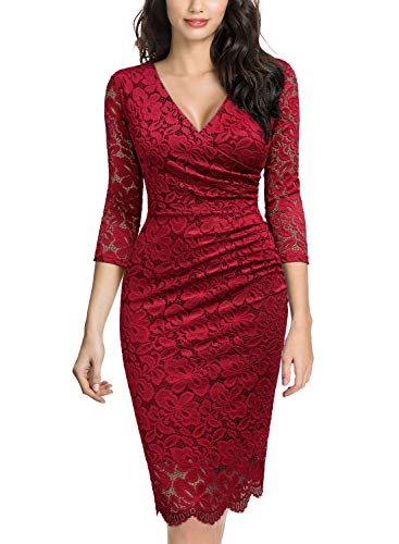 Miusol Vintage Encaje Lápiz Cuello en V Plisado Fiesta Vestido para Mujer Rojo Large