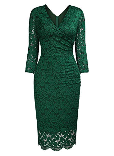 Miusol Vintage Encaje Lápiz Cuello en V Plisado Fiesta Vestido para Mujer Verde X-Large