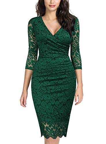 Miusol Vintage Encaje Lápiz Cuello en V Plisado Fiesta Vestido para Mujer Verde X-Large