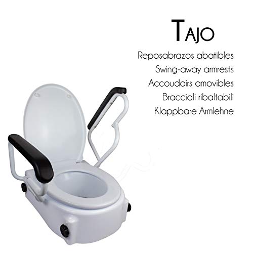 Mobiclinic, Tajo, Elevador WC, Con tapa, 17 cm, Elevador WC para ancianos y discapacitados, Elevador de inodoro, Alzador de baño, Regulable, Inclinable, Reposabrazos abatibles, Blanco