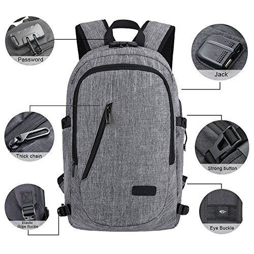 Mochila antirrobo Impermeable, WAWJ Mochila para portátil Multiusos Daypacks con Puerto de Carga USB (Gris)
