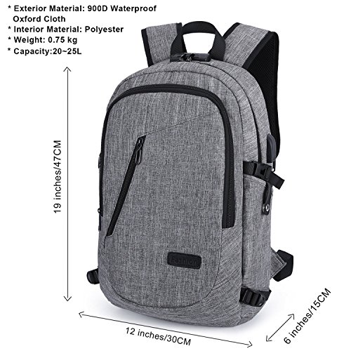 Mochila antirrobo Impermeable, WAWJ Mochila para portátil Multiusos Daypacks con Puerto de Carga USB (Gris)