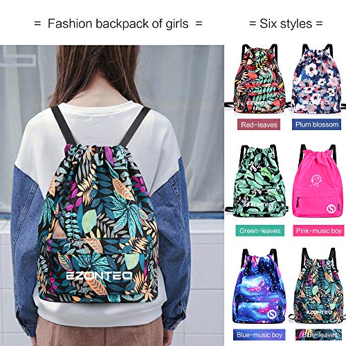 Mochilas Casual Unisex Lona para PC Viaje Libros Acampada Estudiantes Escuela Bolsa de Cuerda Bolsas de Gimnasia Mochila Cuerda para Niño Niña Chica Hombre Mujer - Azul Oscuro Hojas