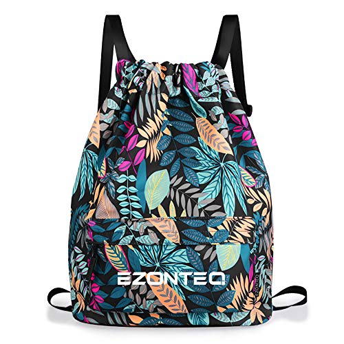 Mochilas Casual Unisex Lona para PC Viaje Libros Acampada Estudiantes Escuela Bolsa de Cuerda Bolsas de Gimnasia Mochila Cuerda para Niño Niña Chica Hombre Mujer - Azul Oscuro Hojas