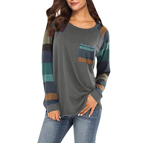 Moda de Mujer a Rayas Camiseta Casual Tops para Mujer Sexy Blusa de Manga Larga Suelta con Cuello Redondo Camisas para Mujer riou (Gris Oscuro, XXL)