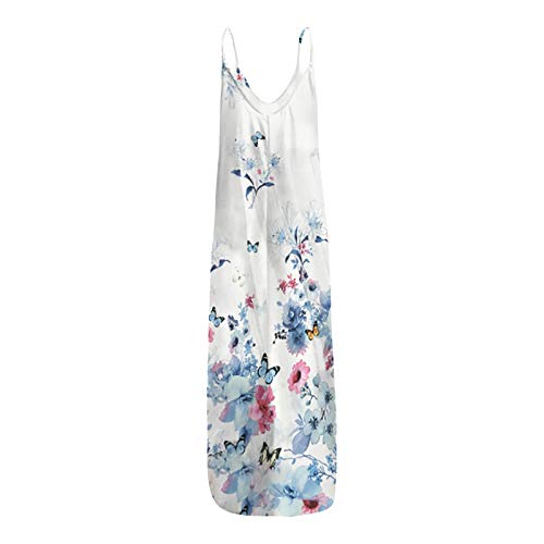 Moda Femenina Suelto Y Casual Estampado De Mariposas De Verano Vestido Sin Mangas con Bandolera De Bolsillo(C,L)