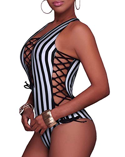 Moda para Mujer y Dama, Trajes de ba?o Sexis de una Pieza con Cordones, Monokini con Cordones, Trajes de ba?o Cruzados con Tiras, Espalda Cruzada, Traje de ba?o a Rayas X-Large