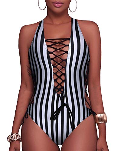 Moda para Mujer y Dama, Trajes de ba?o Sexis de una Pieza con Cordones, Monokini con Cordones, Trajes de ba?o Cruzados con Tiras, Espalda Cruzada, Traje de ba?o a Rayas X-Large