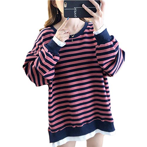 Moda Sudaderas Jersey Sweater Sudaderas con Capucha para Mujer, Jerseys De Rayas Largas Informales, Cuello Redondo, Sudadera Suelta, Manga Falsa, Dos Mujeres, Sudadera M 04