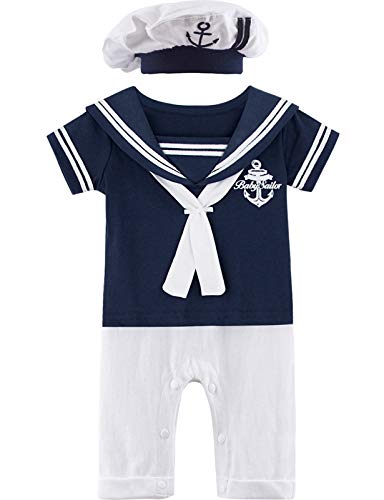 MOMBEBE COSLAND Mono Bebé Niño Disfraz Marinero Manga Corta Boina Algodón (0-3 Meses, Azul Real)
