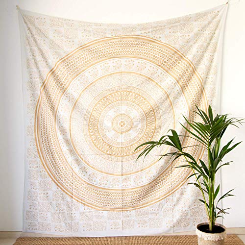 MOMOMUS Tapiz Mandala Oro - 100% Algodón, Grande, Multiuso - Pareo/Toalla de Playa Gigante - Alfombra/Manta Antiarena XXL