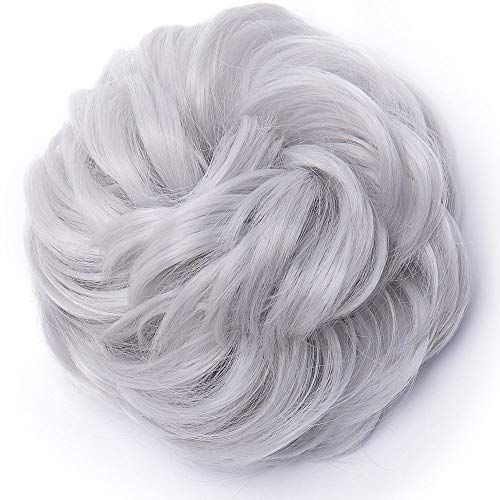 Moño Postizo Voluminoso Rizado con Goma Pelo Sintético Se Ve Natural Extensiones de Cabello Coletero Recogido Peinado Alto para Mujer Ondulado Coleta Postiza (40g,Gris Plateado)