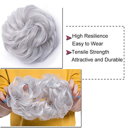Moño Postizo Voluminoso Rizado con Goma Pelo Sintético Se Ve Natural Extensiones de Cabello Coletero Recogido Peinado Alto para Mujer Ondulado Coleta Postiza (40g,Gris Plateado)