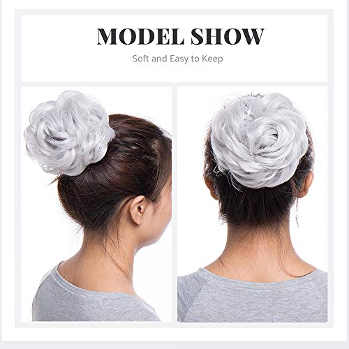 Moño Postizo Voluminoso Rizado con Goma Pelo Sintético Se Ve Natural Extensiones de Cabello Coletero Recogido Peinado Alto para Mujer Ondulado Coleta Postiza (40g,Gris Plateado)