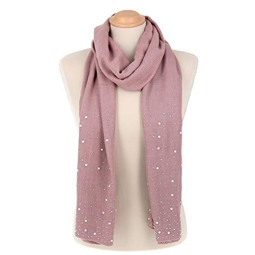 moonbow Pañuelo Mujer Perlas y Pedrería Suave 100% Algodón Rosa viejo - Maxi Bufanda Larga y Rectangular 190cm x 70cm - Foulard Original Colorido y Brillo Moderno - Fular Estola Matrimonio